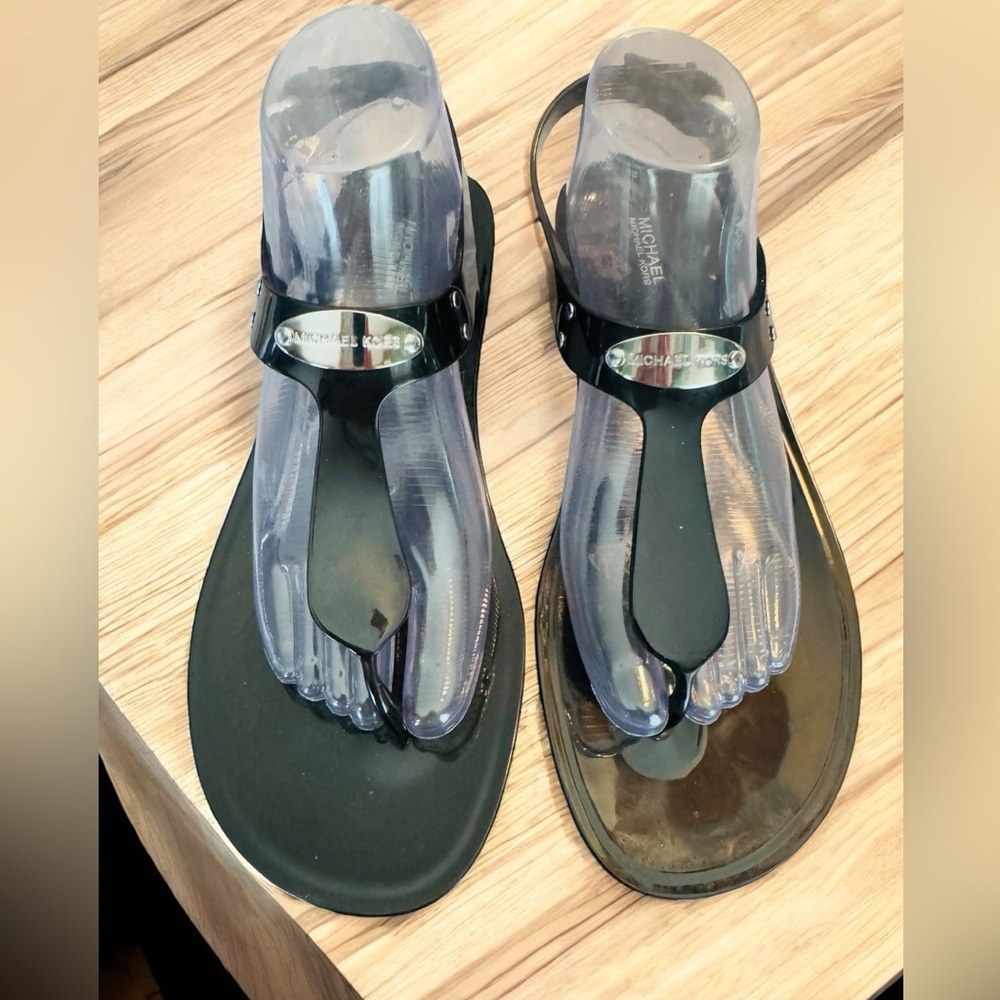 Women Michael Kors MK Jelly Flat Buckle Up Sandals PVC Black Size 10